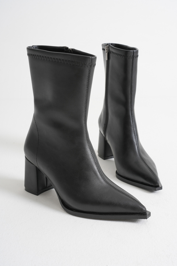 Women's Black Leather Heeled Boots, Pointed Toe, Side-Zip Closure, Thick Heel