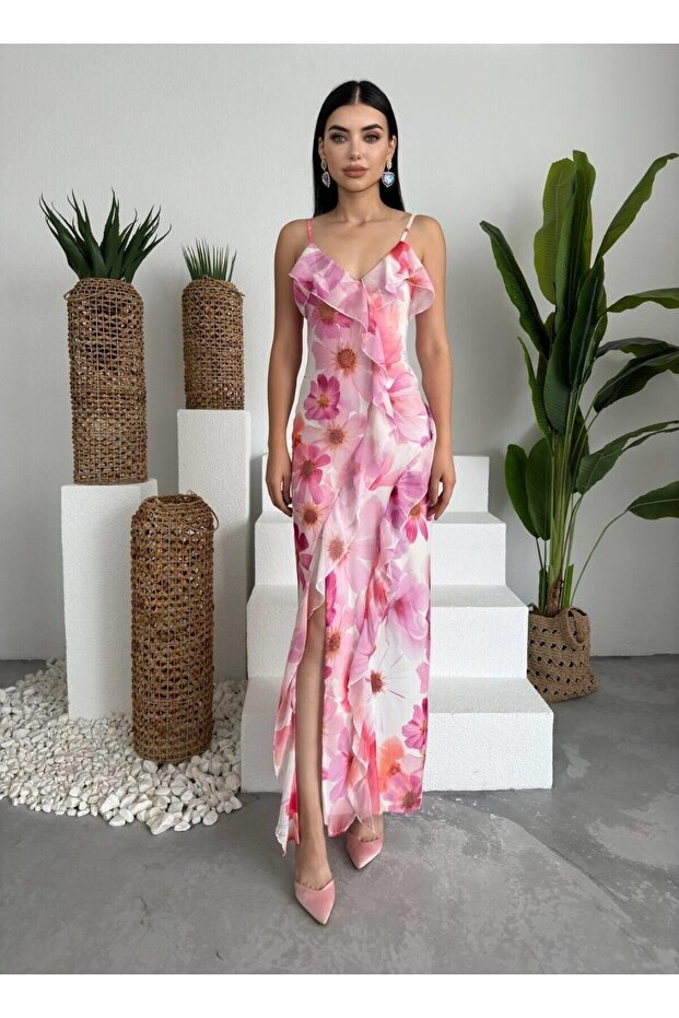 Fırfırlı Pembe Çiçekli Desenli Midi Elbise - 1