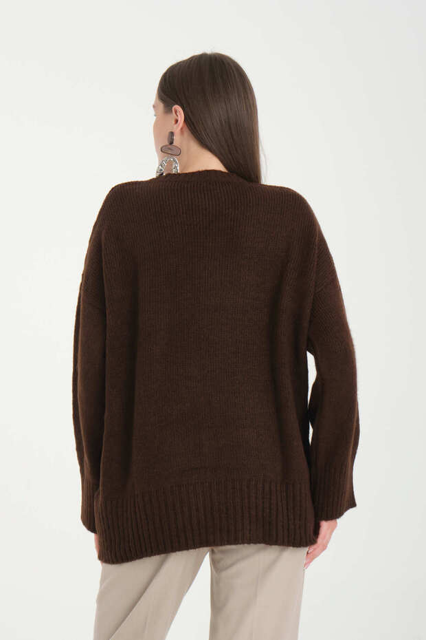 Oversize Basic Kahve Uzun Kadın Kazak - 3