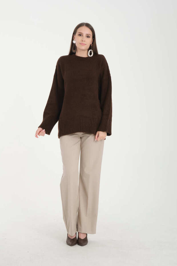 Oversize Basic Kahve Uzun Kadın Kazak - 5