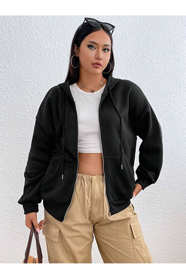 Basic Düz Hırka - Siyah Oversize Kapüşonlu - 5