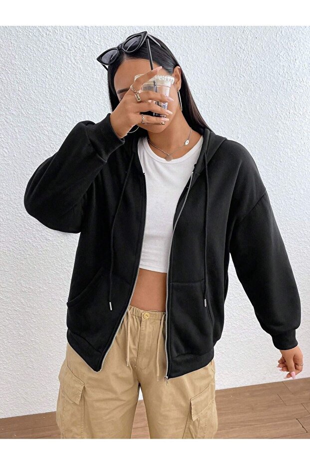 Basic Düz Hırka - Siyah Oversize Kapüşonlu - 7