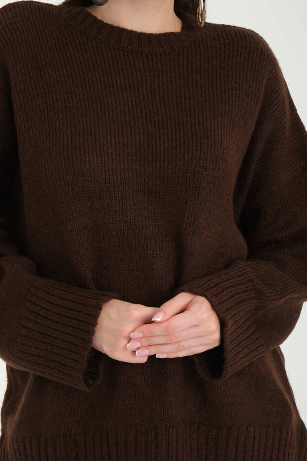 Oversize Basic Kahve Uzun Kadın Kazak - 8
