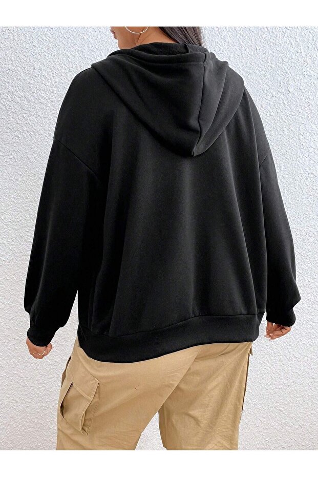 Basic Düz Hırka - Siyah Oversize Kapüşonlu - 3