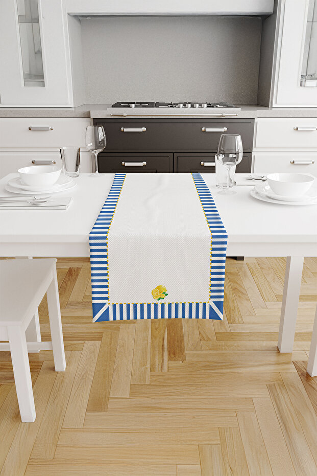 Bluon Stick Patterned Polka Dot Detailed Lemon Runner – Yellow/Blue/White 40X140 cm