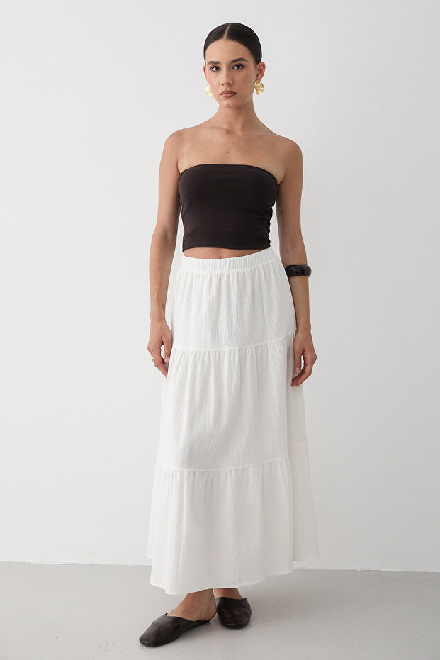 Women's Ecru Layered Gathered Elastic Waist Linen Skirt