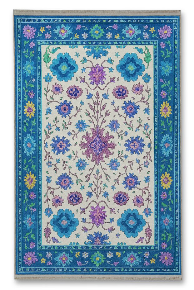 Mosso Blue Themed Floral Flower Motifs Patterned Woven Base Modern Decorative Carpet Mosso36