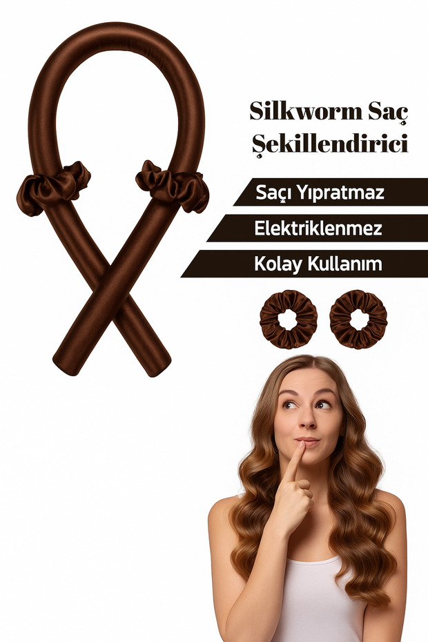 Organic 100% Pure Silk Hair Styling – 80 cm X 10 cm | Heatless Curl Sausage -Brown
