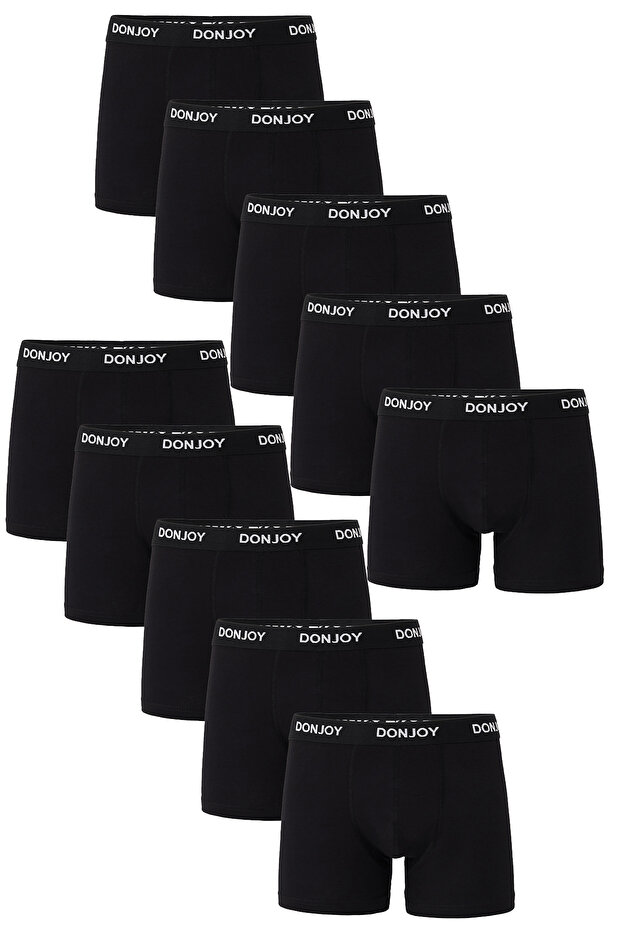 don joy Erkek 10'lu Pamuklu Likralı Penye Beli Lastikli Siyah Boxer