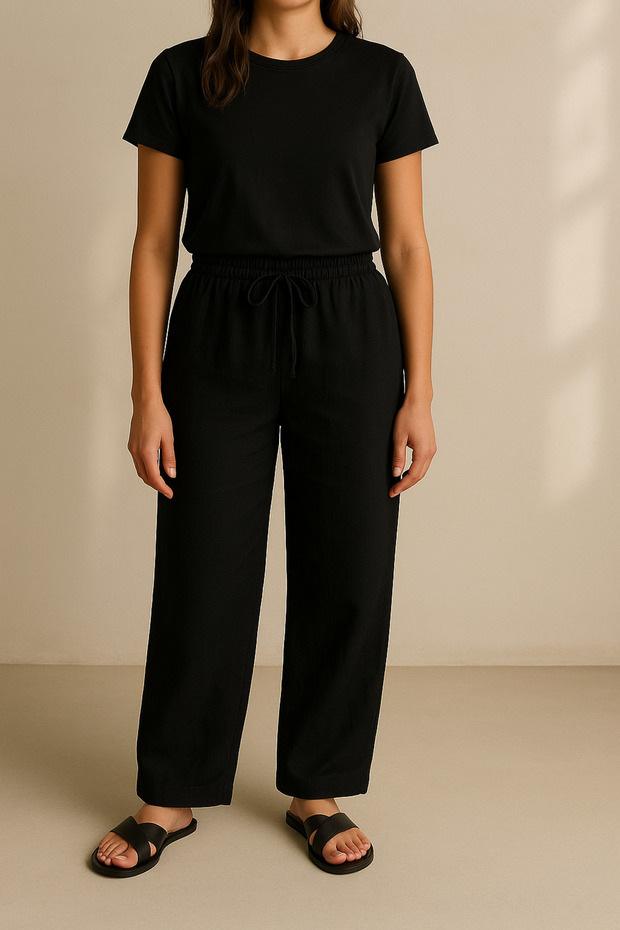 Women's Black Sofia Linen Double Pocket Wide Leg Trousers