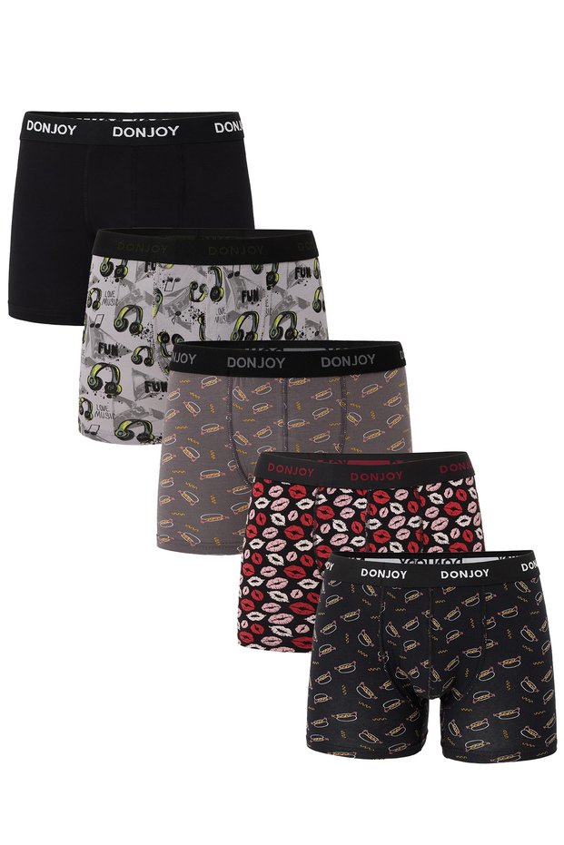 Men's 5-Piece Mixed Patterned Cotton Combed Cotton Boxers with Elastic Waist