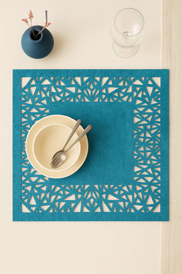 Blue Suede Fabric Placemat 35X35 cm Square Set of 6 - Geometric Triangle Pattern