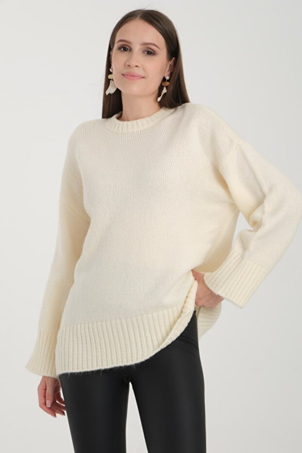Oversize Basic Ekru Uzun Kadın Kazak - 2