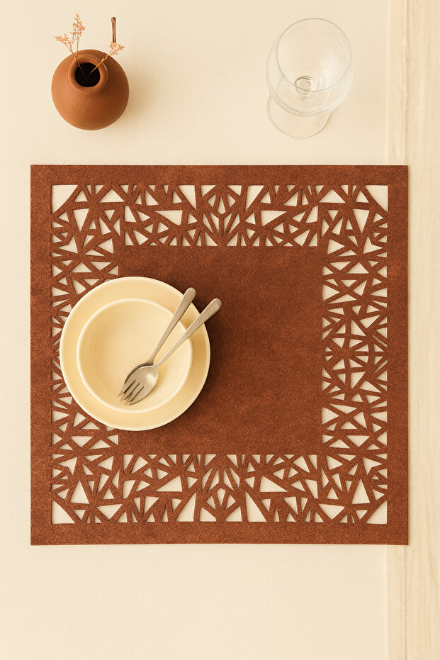 Red Brown Suede Fabric American Service Placemat 35X35 cm Square Set of 6 - Geometric Triangle Pattern