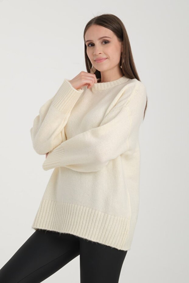 Oversize Basic Ekru Uzun Kadın Kazak - 3