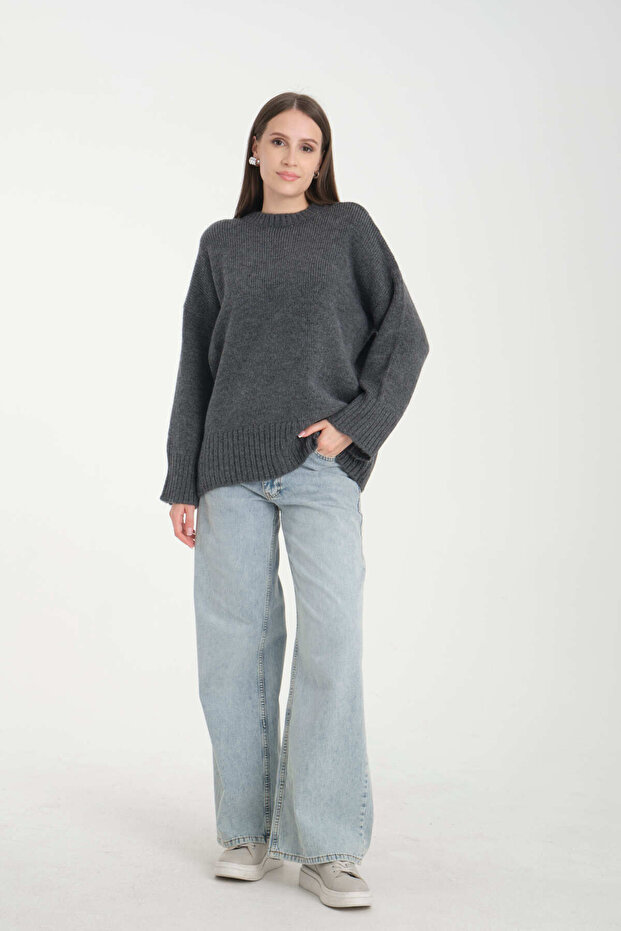 Oversize Basic Füme Uzun Kadın Kazak - 3