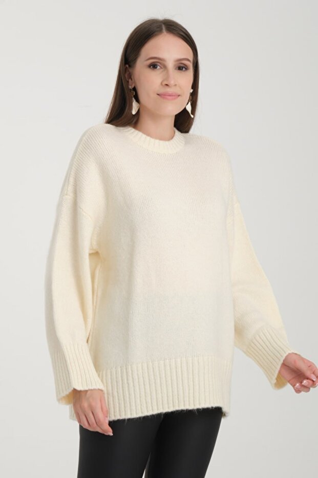 Oversize Basic Ekru Uzun Kadın Kazak - 6