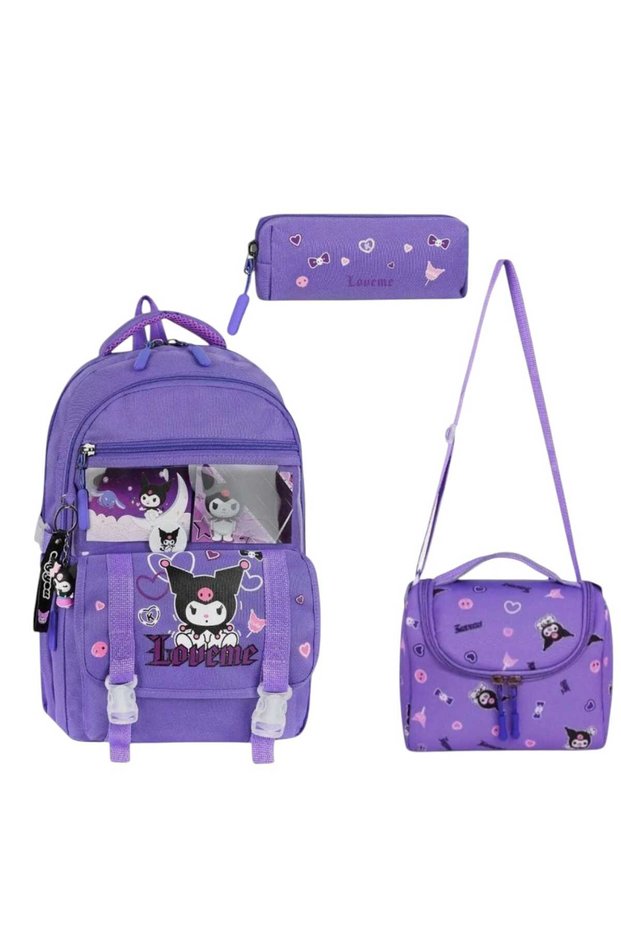 Primary School Girl's Bag Set of 3 Kuromi Similar 42*30 cm Lunch Box Pencil Case Orthopedic