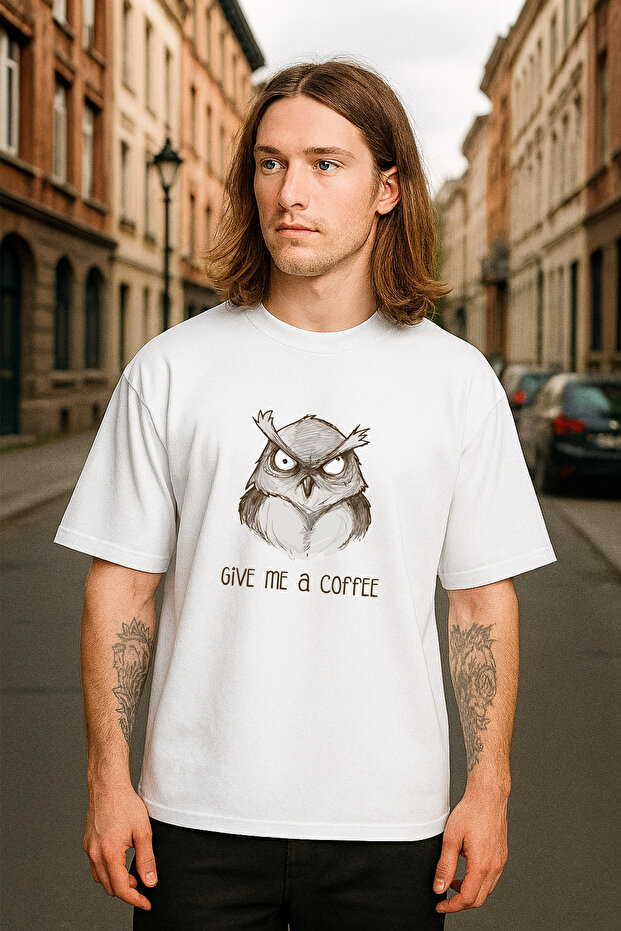 White Printed T-Shirt Give Me a Coffee Written Oversize Fit 100% Cotton