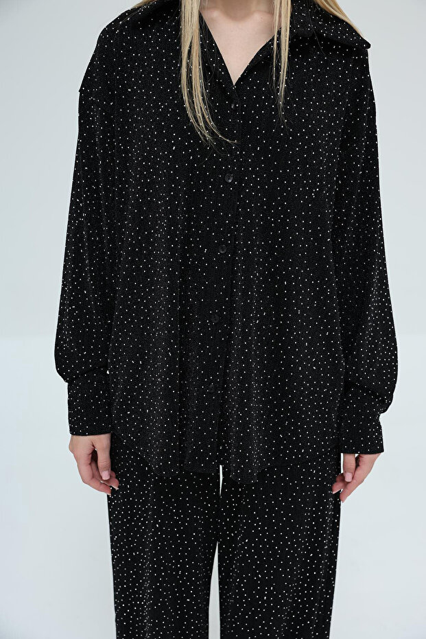 Kadın Siyah Taş İşlemeli Oversize Gömlek Ve Palazzo Pantolon Takım Vs00430 - 4