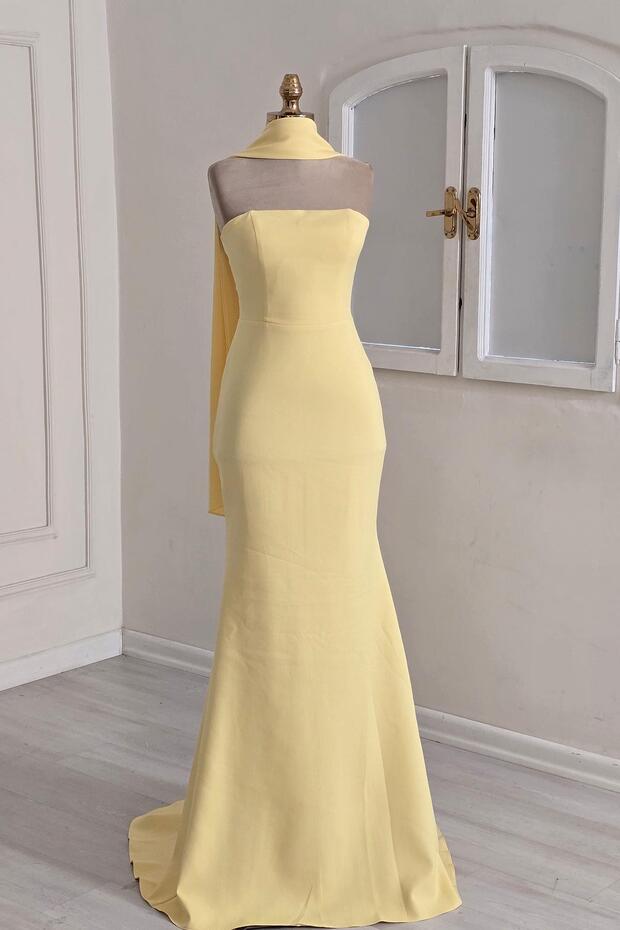 Sarı Krep Şallı Elbise 9818 - 5