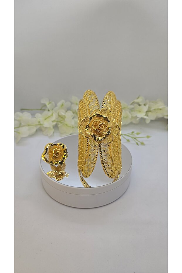 Vizyon Kelepçe Bileklik ve Yüzük 22 Ayar Altın Kaplama Model 671 - 4