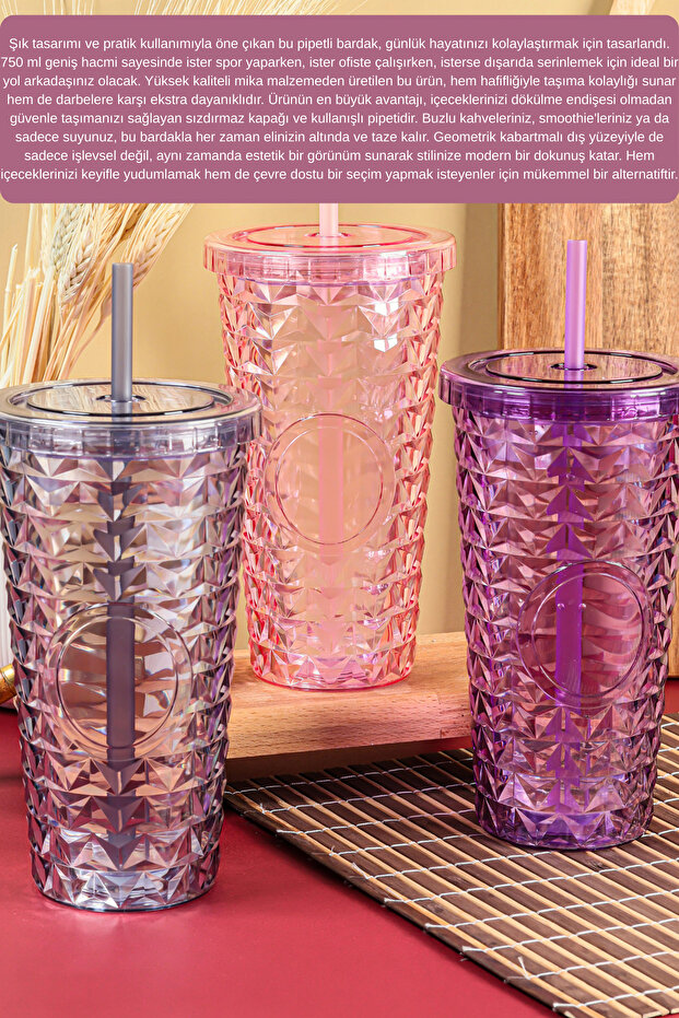 Pipetli Mika Bardak 750 ml - Kapaklı ve Pipetli İçecek ve Meşrubat Bardağı - 5