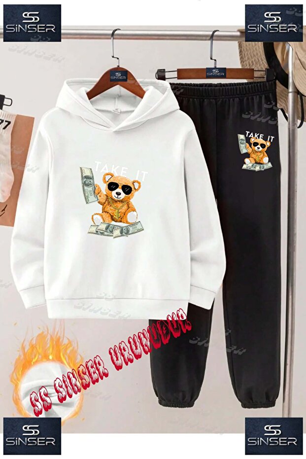Children's Unisex "Bear Take It White" Special Printed Hooded Tracksuit Set