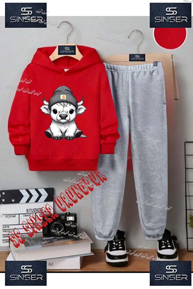 Children's Unisex "Cow Cute Beret" Special Printed Hooded Tracksuit Set
