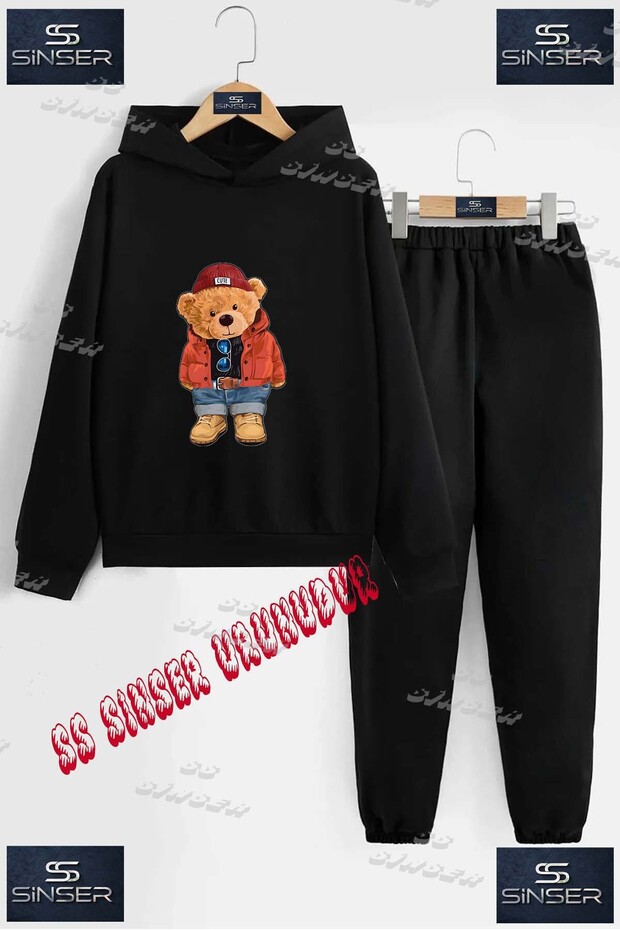 Children's Unisex "Bear in Red Coat" Special Printed Hooded Tracksuit Set