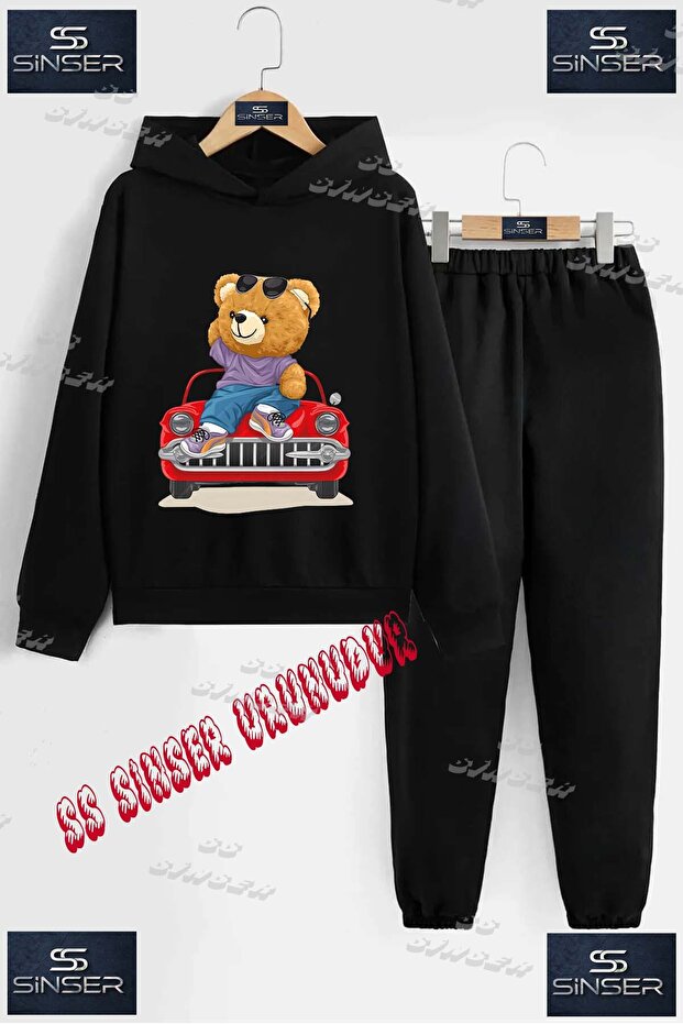 Children's Unisex "Bear on Red Car" Special Printed Hooded Tracksuit Set