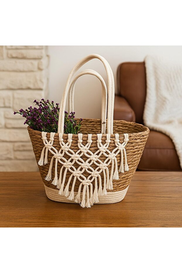 FFD Handmade Jute Storage Basket with Boho Macramé Tassels – Eco-Friendly, Spacious Basket