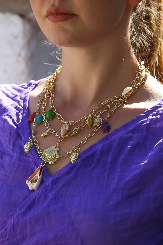 3 Piece Chain Design Necklace with Colorful Objects