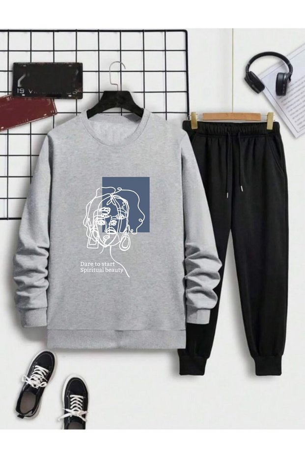 Women / Girl 2 Piece Set Swetsort Tracksuit Set Women Face Printed Cotton