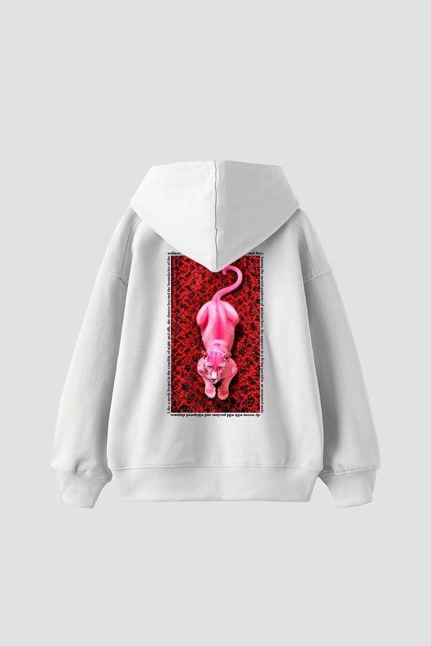Pink Panther Printed Oversize Unisex White Hoodie