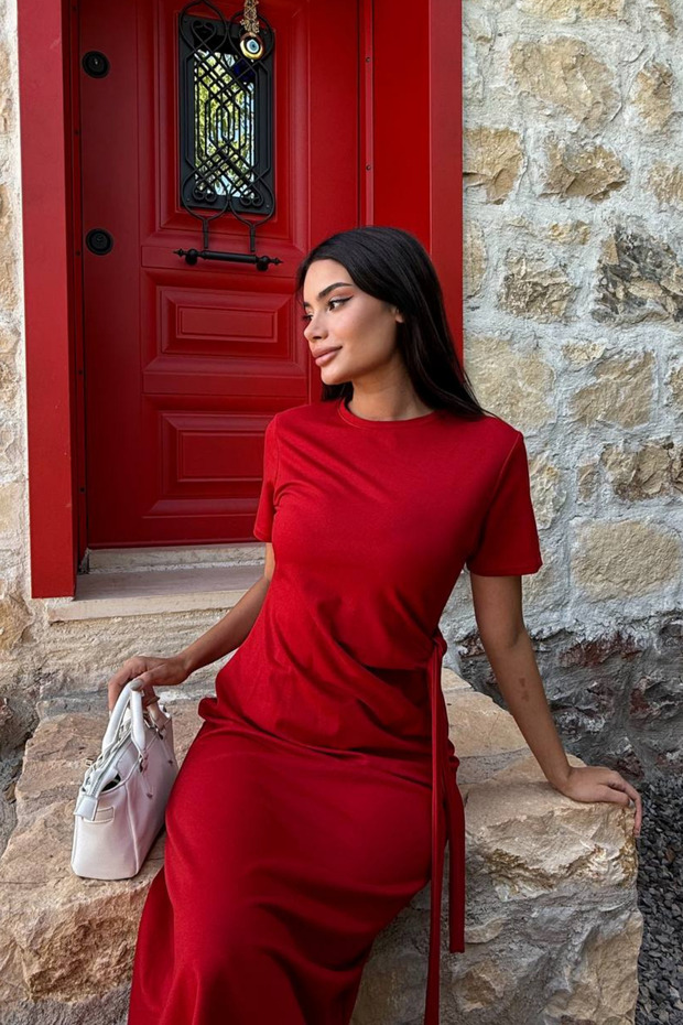 Yan Bağcıklı Yırtmaçlı Uzun Elbise - 4
