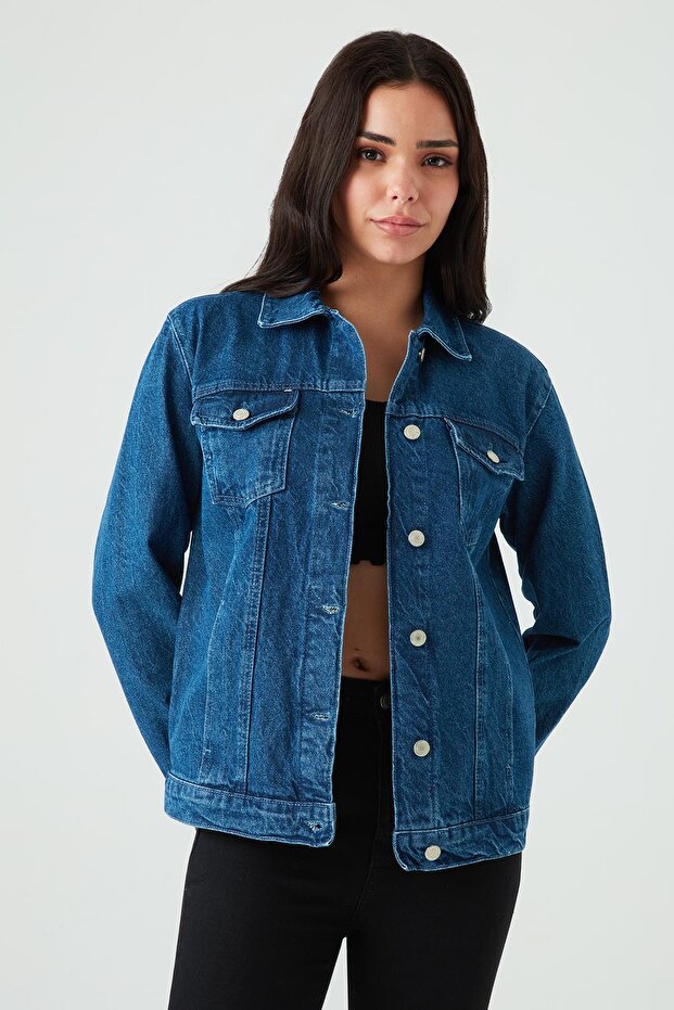 Kadın Mavi Oversize Denim Ceket - 1