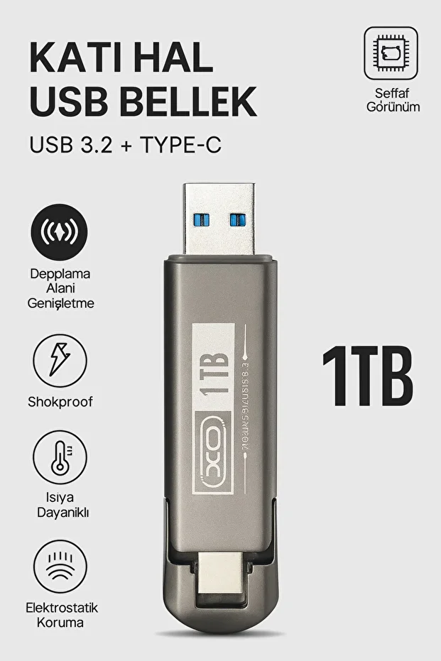 1TB USB 3.2 + Type-C Çift Girişli Taşınabilir Flash Bellek – Yüksek Hızlı, Dayanıklı ve Şok Korumal - 1