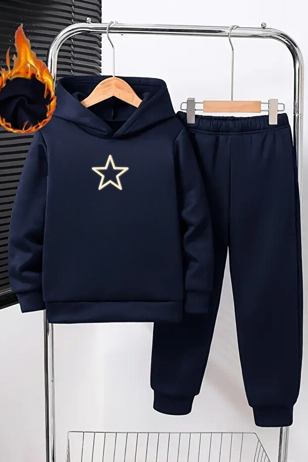 Çocuk Kapüşonlu Eşofman Takımı – Lacivert Yıldız Baskılı Sweat & Jogger - 1