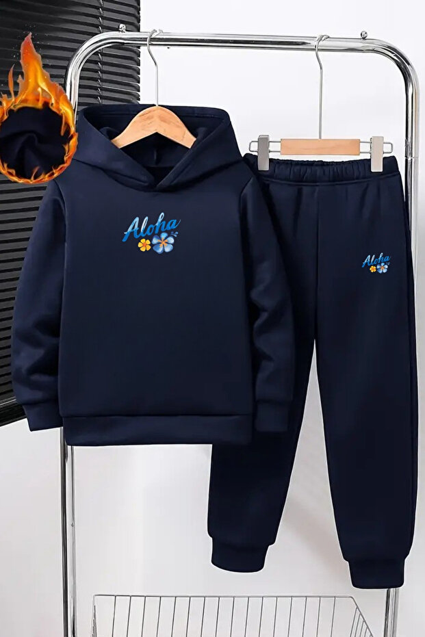 Çocuk Kapüşonlu Eşofman Takımı – Lacivert Aloha Çiçek Baskılı Sweat & Jogger - 1