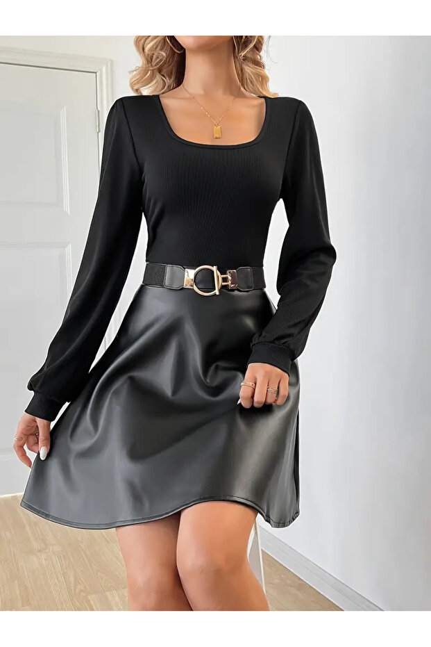 Stylish Black Lantern Long Sleeve Pu Dress Editor's Picksi