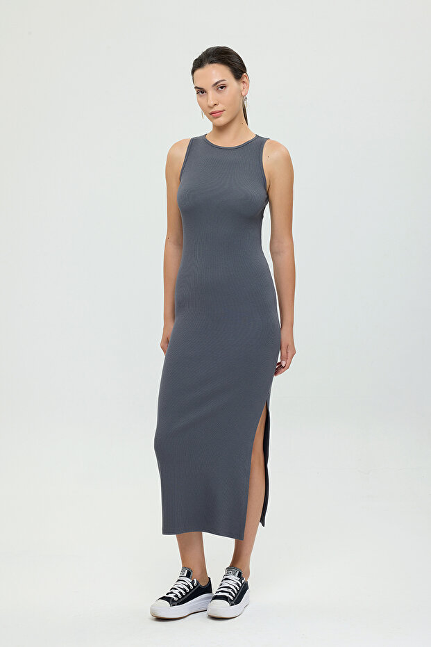 Soft Rib Slit Detailed Sleeveless Dress Smoked
