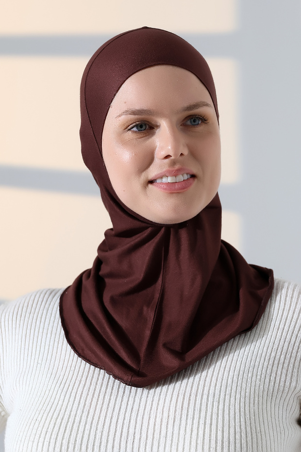 قبعة حجاب كبيرة عملية مع طوق للرقبة - بني