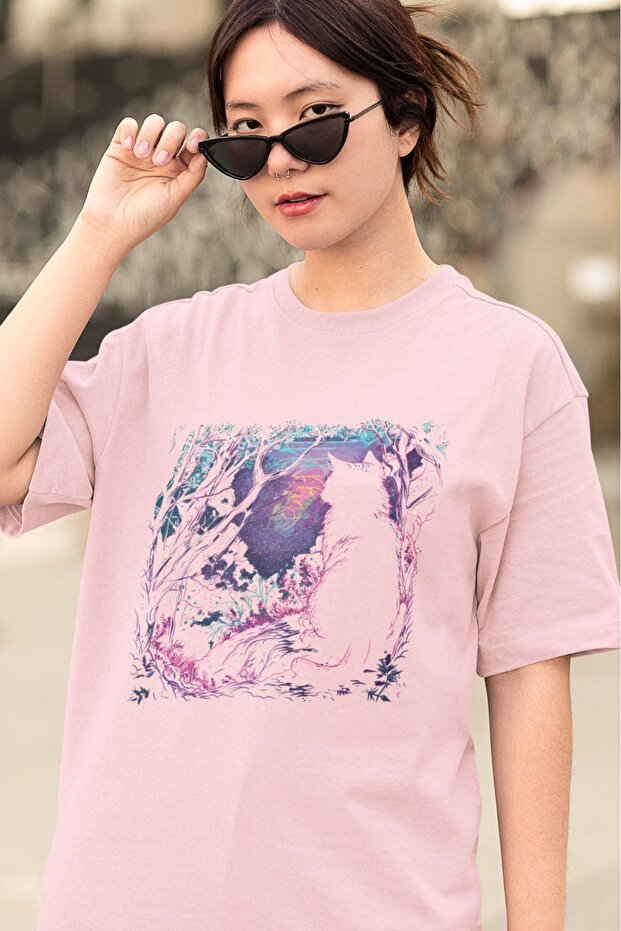 Men/Women Cat Landscape Transfer Printed Round Neck Short Sleeve T-Shirt