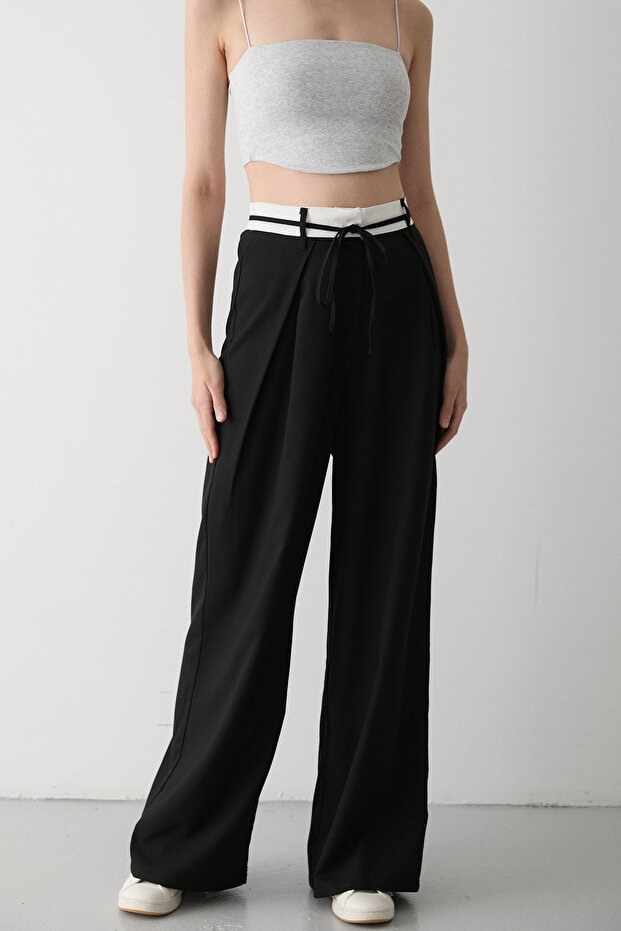Black Rope Belt Design Trousers - 3576