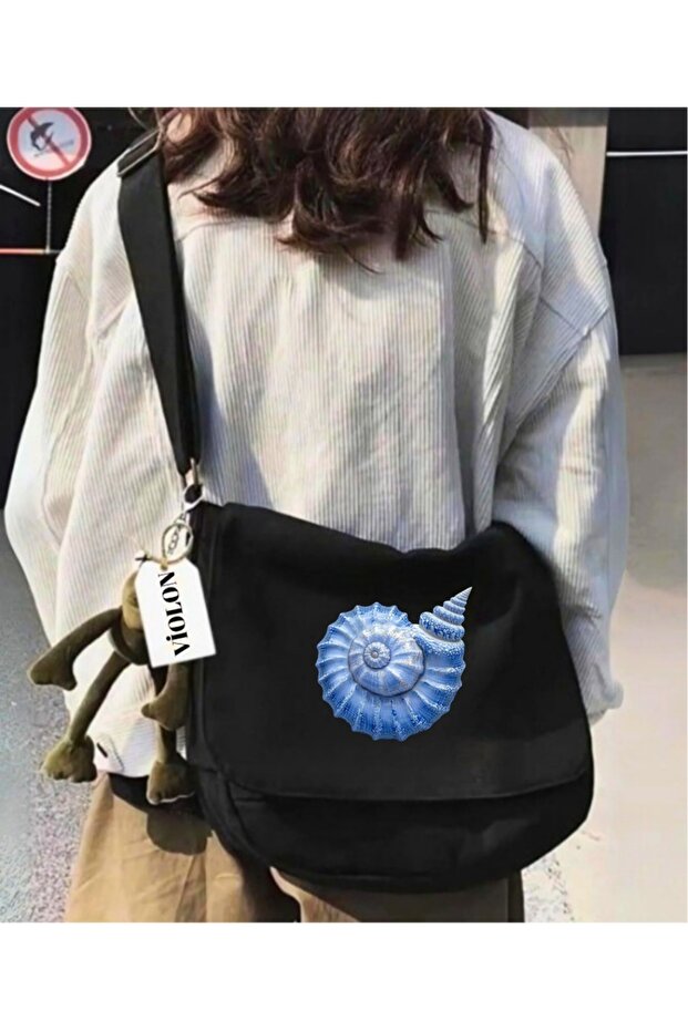 Black Messenger Bag with Blue Denz Shell Print