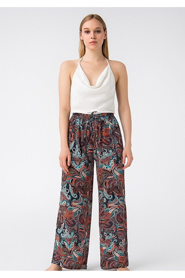 Women's Red Turquoise Shawl Patterned Tie Detail Comfortable Cut Palazzo Viscose Trousers with Elastic Waist