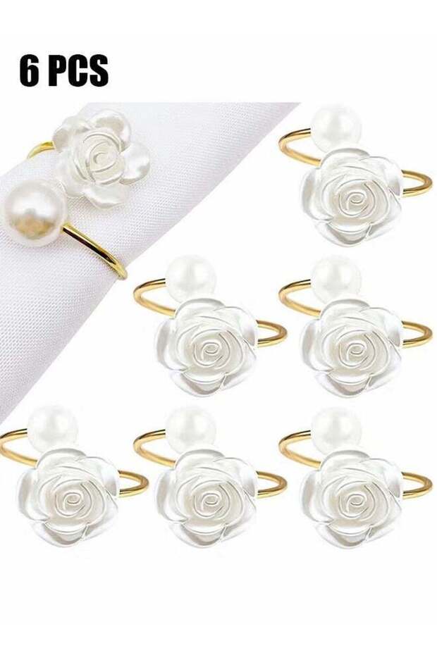 Gold Pearl Napkin Rings Set of 6, Flower Napkin Ring for Wedding, Dinner Party, Banquet, White Rose