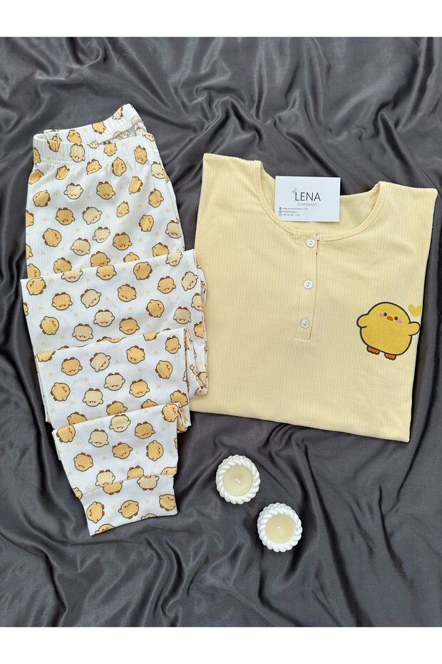Sarı Civciv Desenli Patlı Uzun Kollu Pijama Takımı - 1