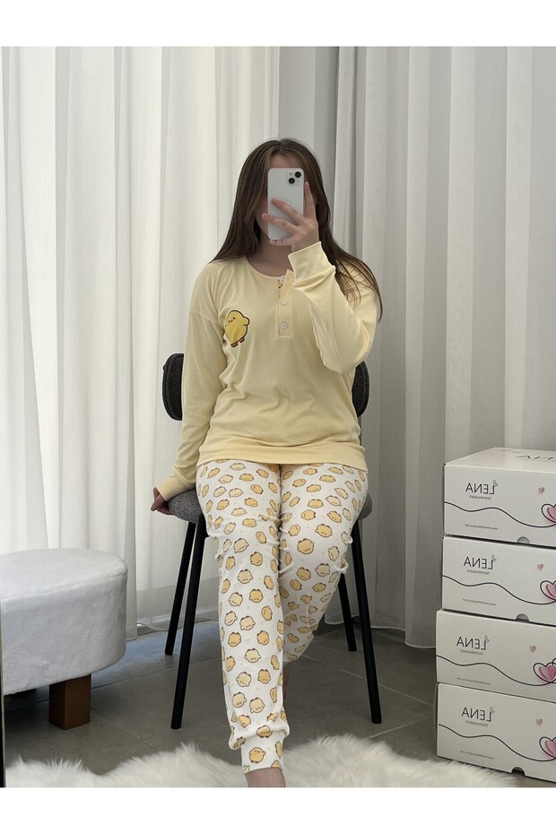 Sarı Civciv Desenli Patlı Uzun Kollu Pijama Takımı - 5